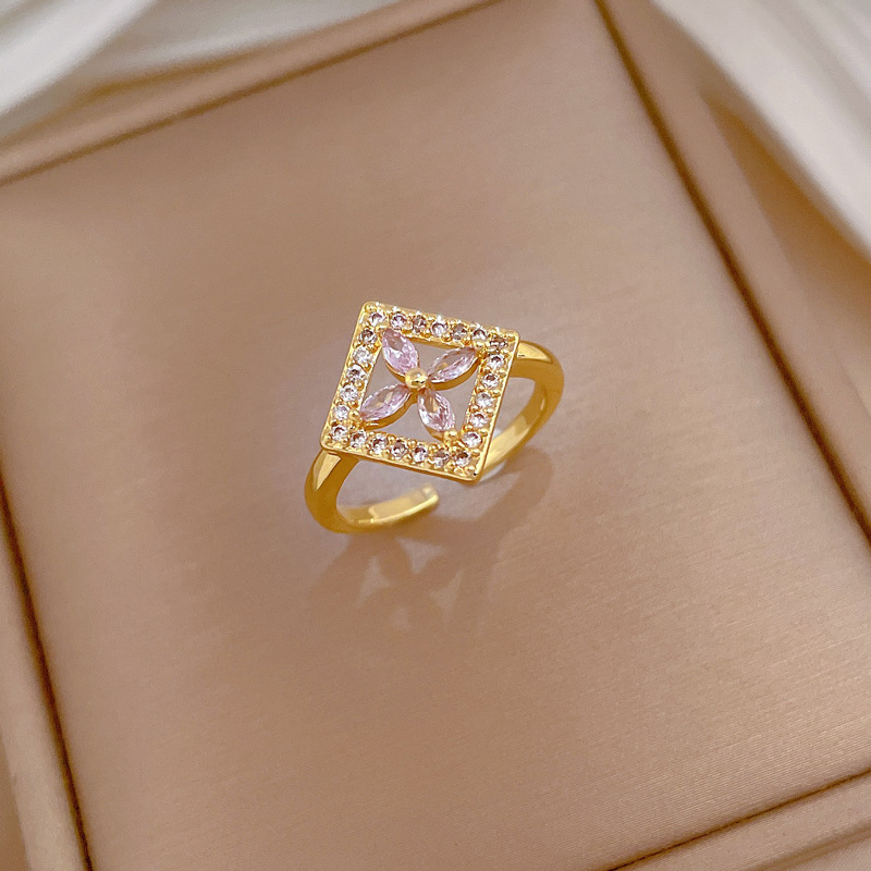 Anello quadrato leggero di lusso con fiore, apertura regolabile, gioiello semplice giapponese, anello per coppie_voghion.com