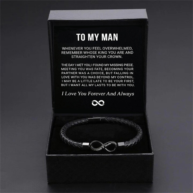 Engraving 8-character stainless steel leather bracelet To my Man men's bracelet magnetic buckle round rope flip gift box suit