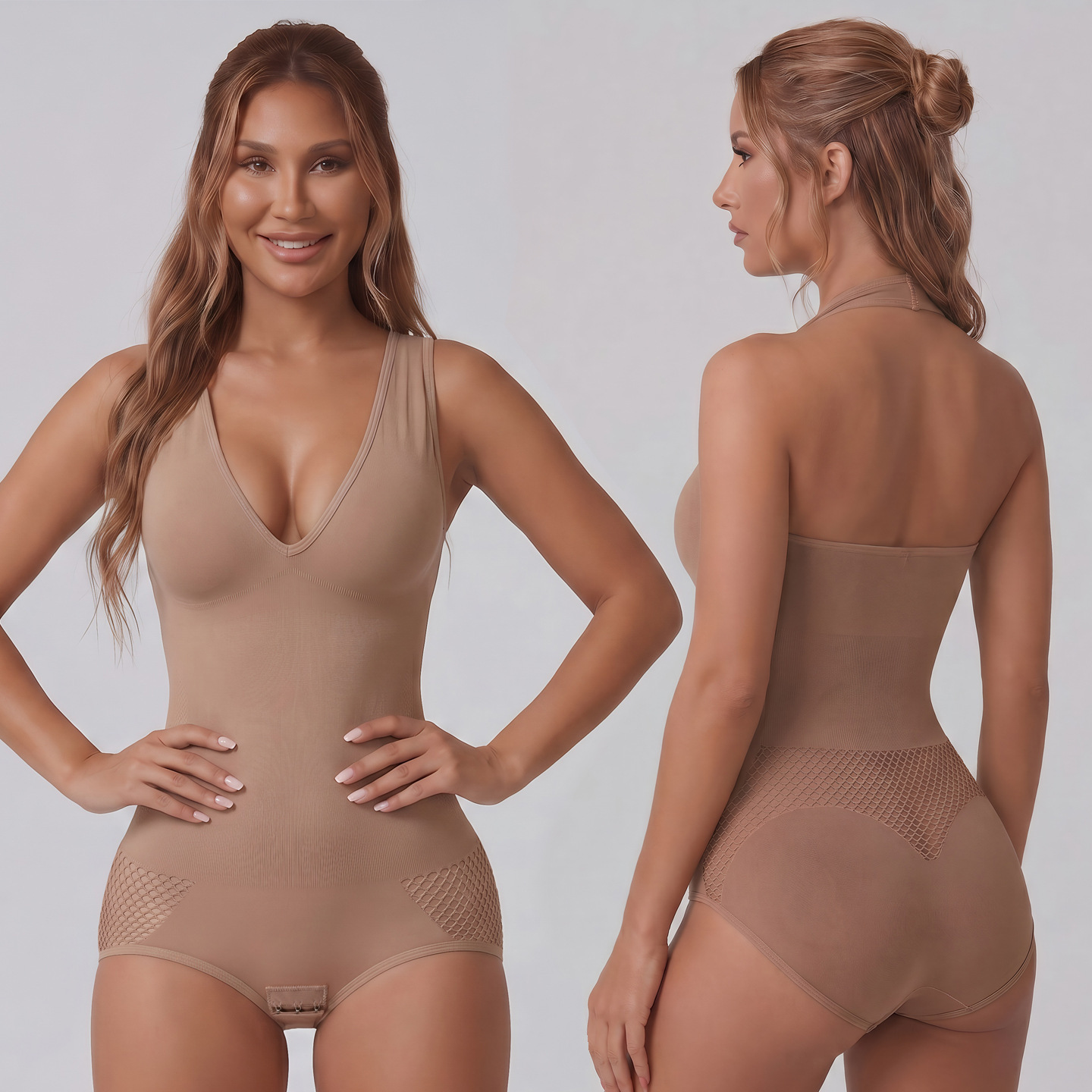 Cross-border seamless one-piece shapewear with deep V-neck, tummy control, body shaping, butt-lifting, snap-button crotch opening, triangle style, strapless waist-shaping underwear