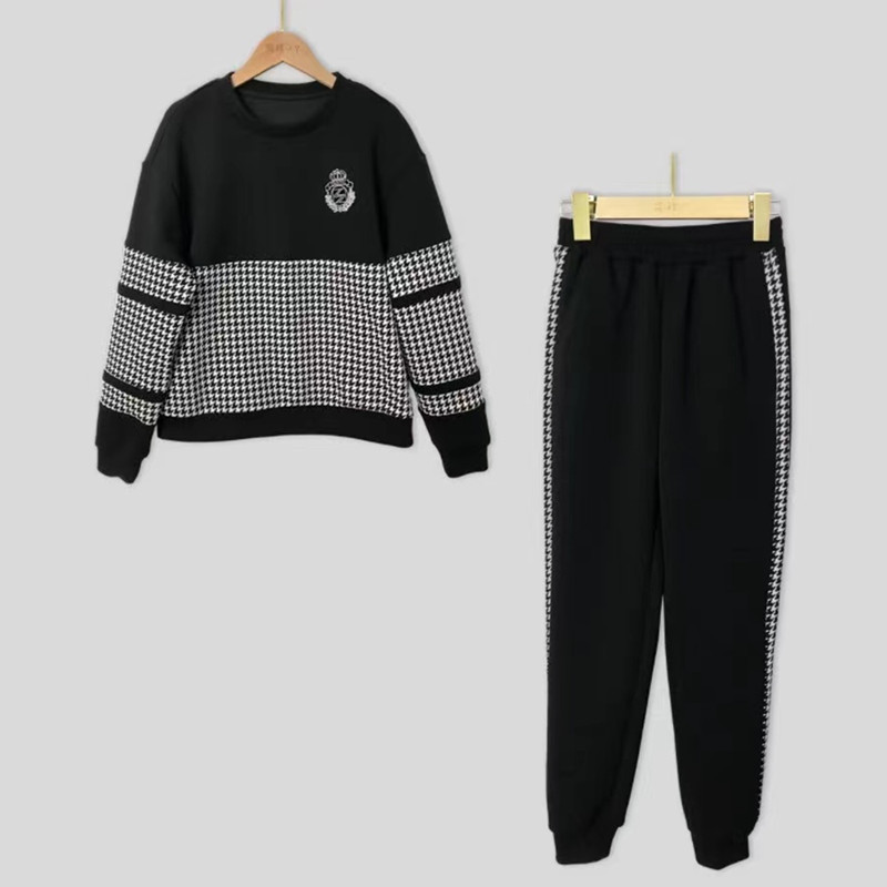 Vêtements pour femmes rétro pied-de-poule couture col rond lâche tricoté mode pantalon de sport décontracté costume deux pièces pour femmes_voghion.com