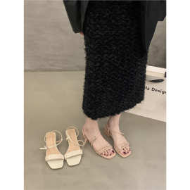 仙女风配裙子露趾凉鞋女鞋2025年夏季新款法式气质亮片粗跟罗马鞋