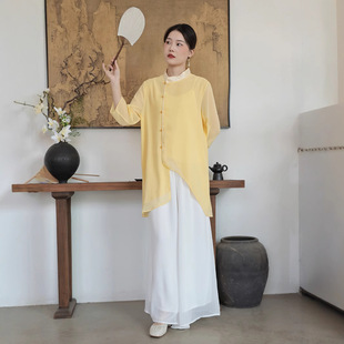 Summer New Chinese Chiffon Shirt Zen Style Improved Hanfu Tea Clothing Women's Vertical Collar Short Top