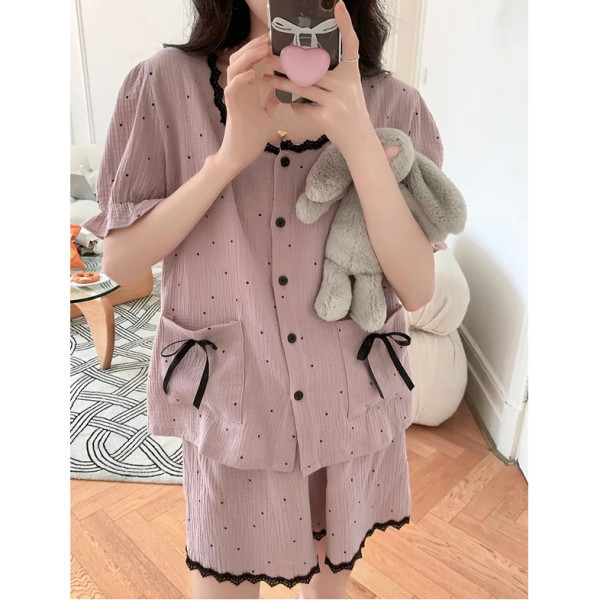 2026 New Summer Pajamas for Women, Princess Style, Sweet Lace Short-Sleeved Shorts, Loose Large Size Wrinkled Fabric Cross-Border Set