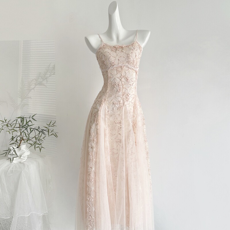 "Xinxing" Starry Mist Soft Gauze Cherry Blossom Nude Pink Multi-Piece Patchwork Vacation Dress Princess Dress Lace Dress for Women