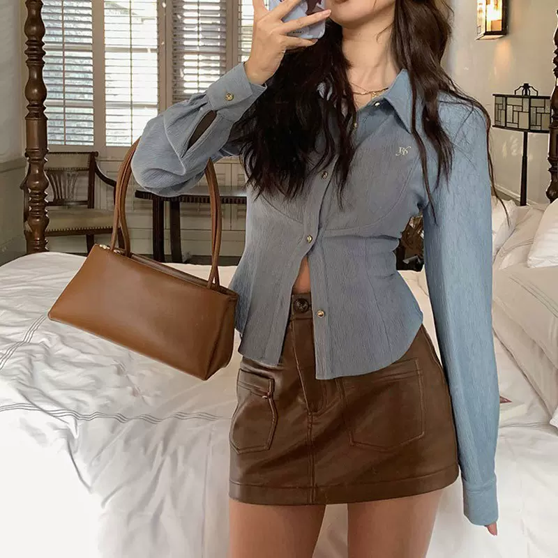 现货花花  逃课学姐开春修身收腰⻓袖衬衫女2026早春短款衬衣上衣