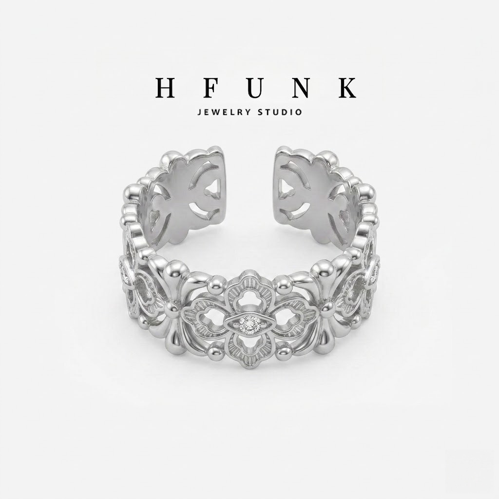 High-end hollow-carved open ring, vintage niche light-luxury simple open ring, light-luxury women's silver ring