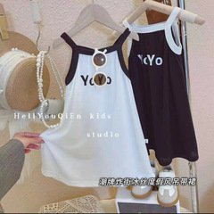 Baby girl spaghetti strap summer dress, trendy grid smile top dress, Korean style for small and medium children, beach dress, children's clothing