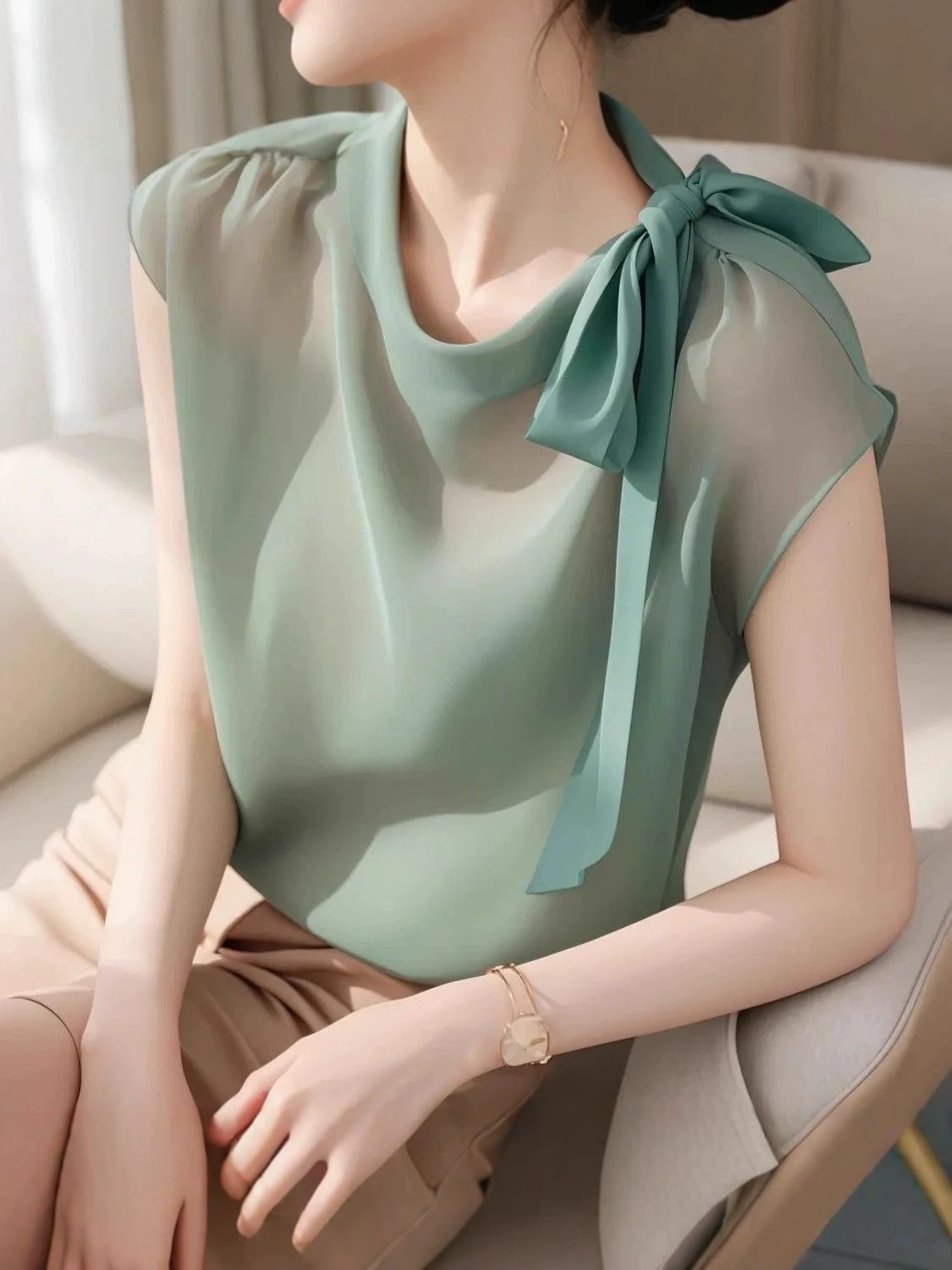 Áo sơ mi lụa nữ tay ngắn cổ nơ bướm kiểu Pháp — xanh lá cây