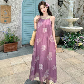复古天丝绣花连衣裙女夏紫色吊带裙珠片上衣图片色针织面料修身型