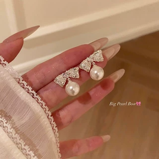 蕾丝闪锆蝴蝶结珍珠吊坠耳环女2026新款小众设计耳钉独特漂亮耳饰