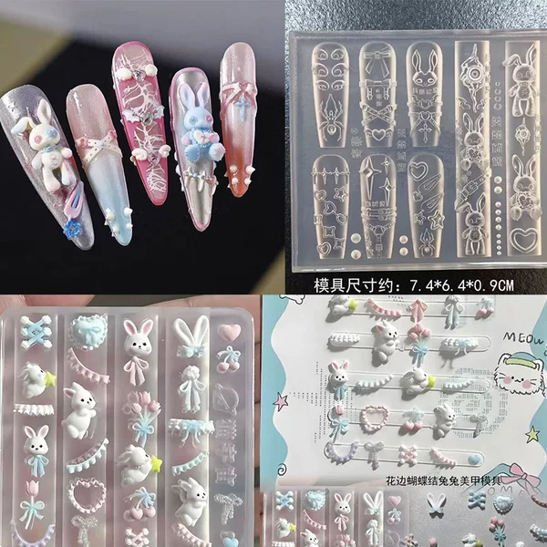 Personalized Dark Punk Rabbit Spider Belt Nail Art Mold Lace Bow Rabbit Nail Decoration Silicone Mold