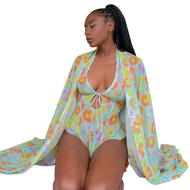 new style sexy V-neck lace-up flower mesh printing set NSRUI54513