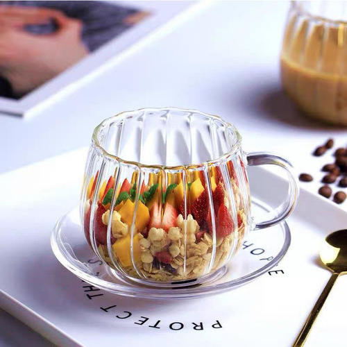 Ribbed glass cup, high borosilicate, vertical stripe petal pattern handle cup, home office coffee cup, milk cup, tea cup