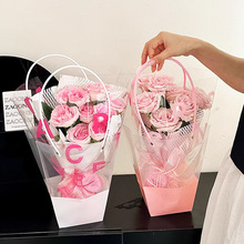 节日马卡龙透明手提袋梯形鲜花包装袋彩色花束礼品礼物袋子花艺