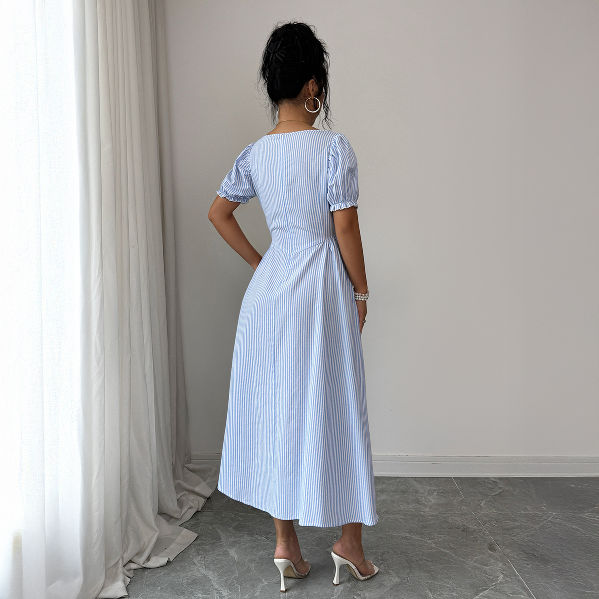 Elegant Blue White Striped Dress Puff Sleeves Women's Spring Summer_ecoleips.com
