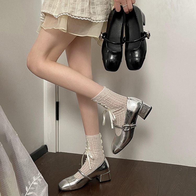 银色法式中跟玛丽珍鞋女浅口配裙子晚风温柔单鞋粗跟芭蕾jk小皮鞋|undefined