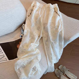 白色高腰显瘦刺绣亮片休闲裤女夏季2025新款夏装宽松直筒阔腿裤子