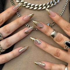 外贸立体日落鎏金复古甜酷ins风可拆卸美甲片24片press on nails