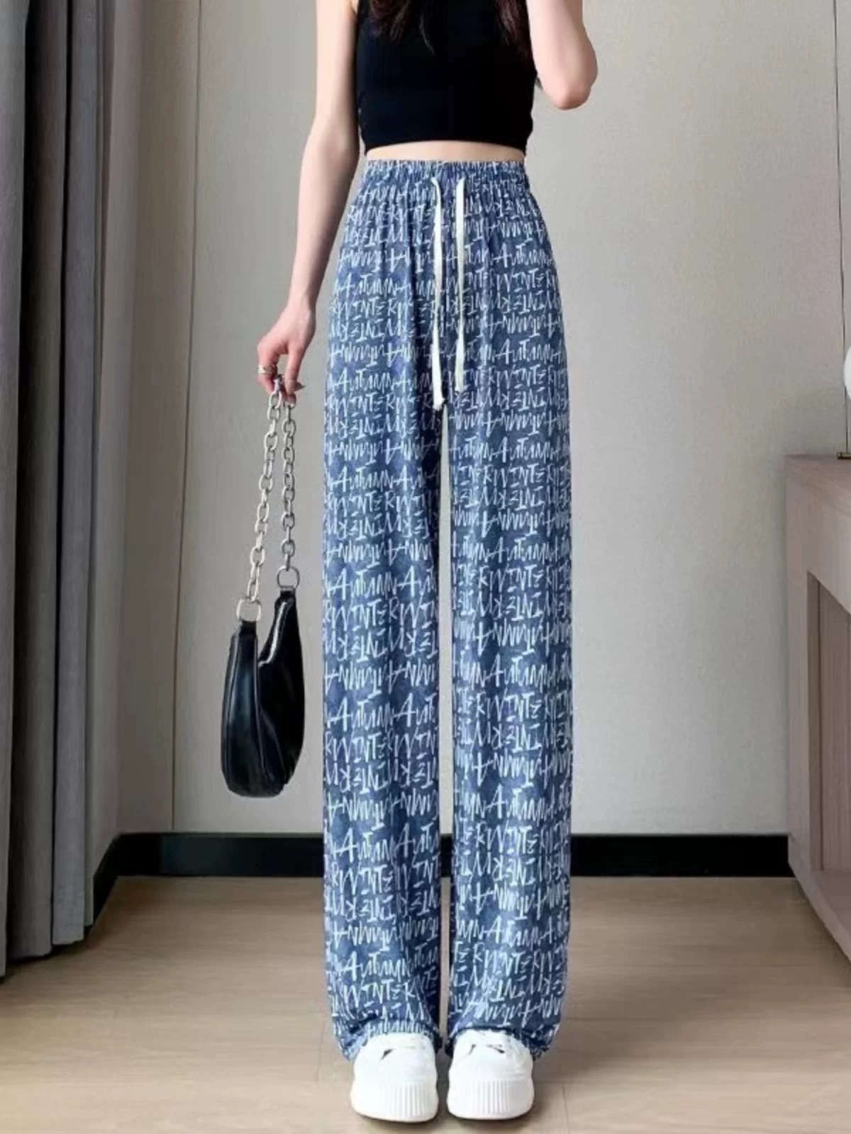 Pantalones anchos de mezclilla de seda de hielo Pantalones casuales delgados con estampado de seda de verano para mujer Pantalones de trapeador de cintura alta sueltos de cintura alta