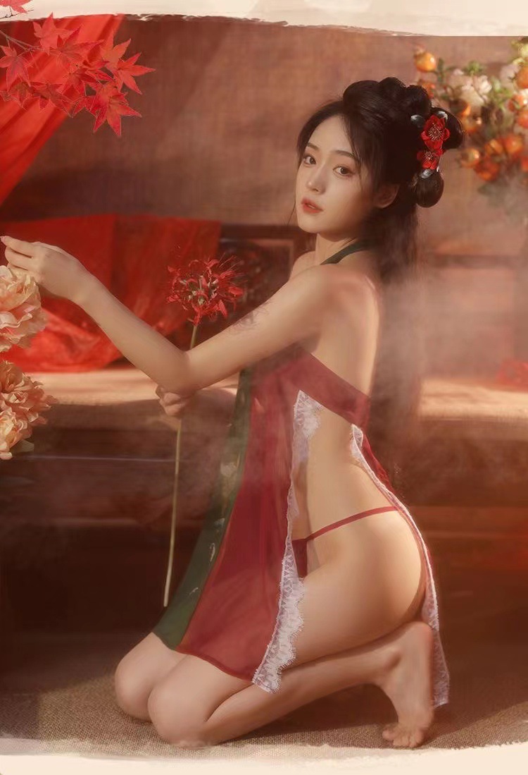 Apsara Consez Red Lace Slip Pajama Dress, Sexy Chinese-Style Babydoll, One Size — detail image 12