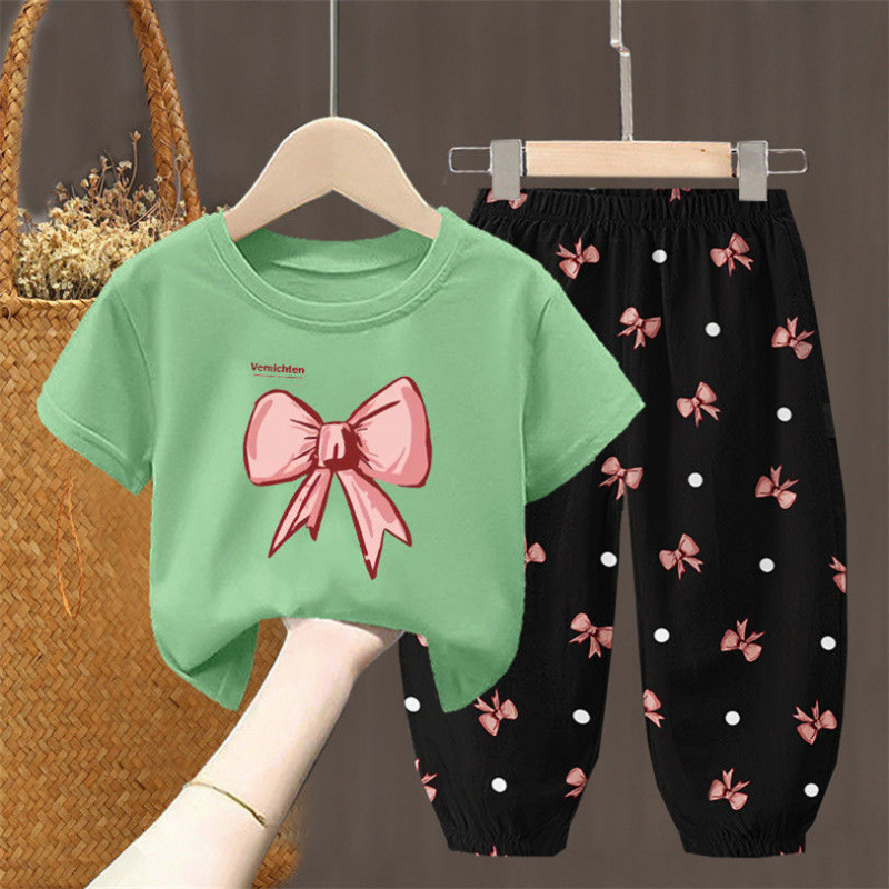 子供服女の子夏のリボンスーツ新しいスタイルファッショナブルな花のファッショナブルな夏服女の子シングル/ツーピース|undefined