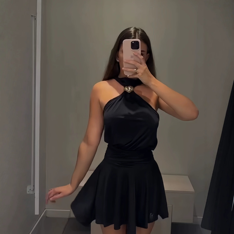 Pb&Za New Summer Product, Resort Style Sexy Backless Flared Skirt Halter Neck Dress 1319069