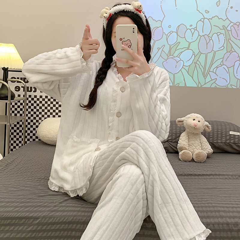 Pijamas de lana de coral con cuello de muñeca dulce francés para mujer más terciopelo engrosado ropa de hogar de franela de invierno traje de gran tamaño invierno