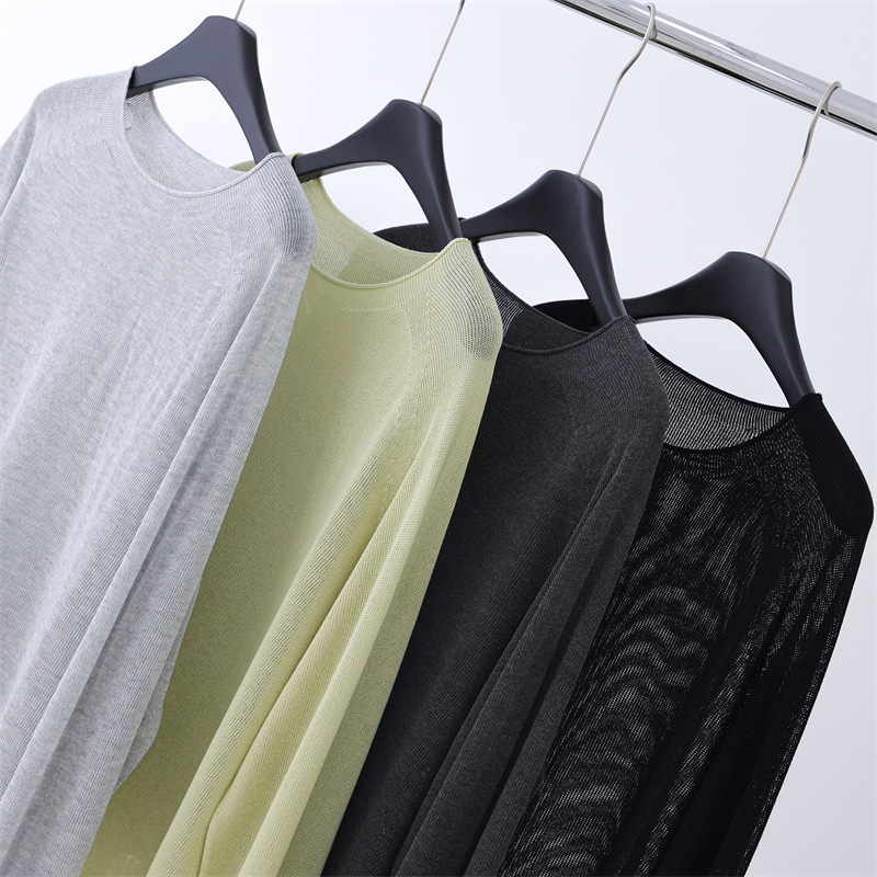 2026 New Seamless One-Piece Round-Neck Ice Silk Ramie Sun-Protective Knitwear Women's Colorful Rolled-Edge Long-Sleeve T-Shirt Cover-Up