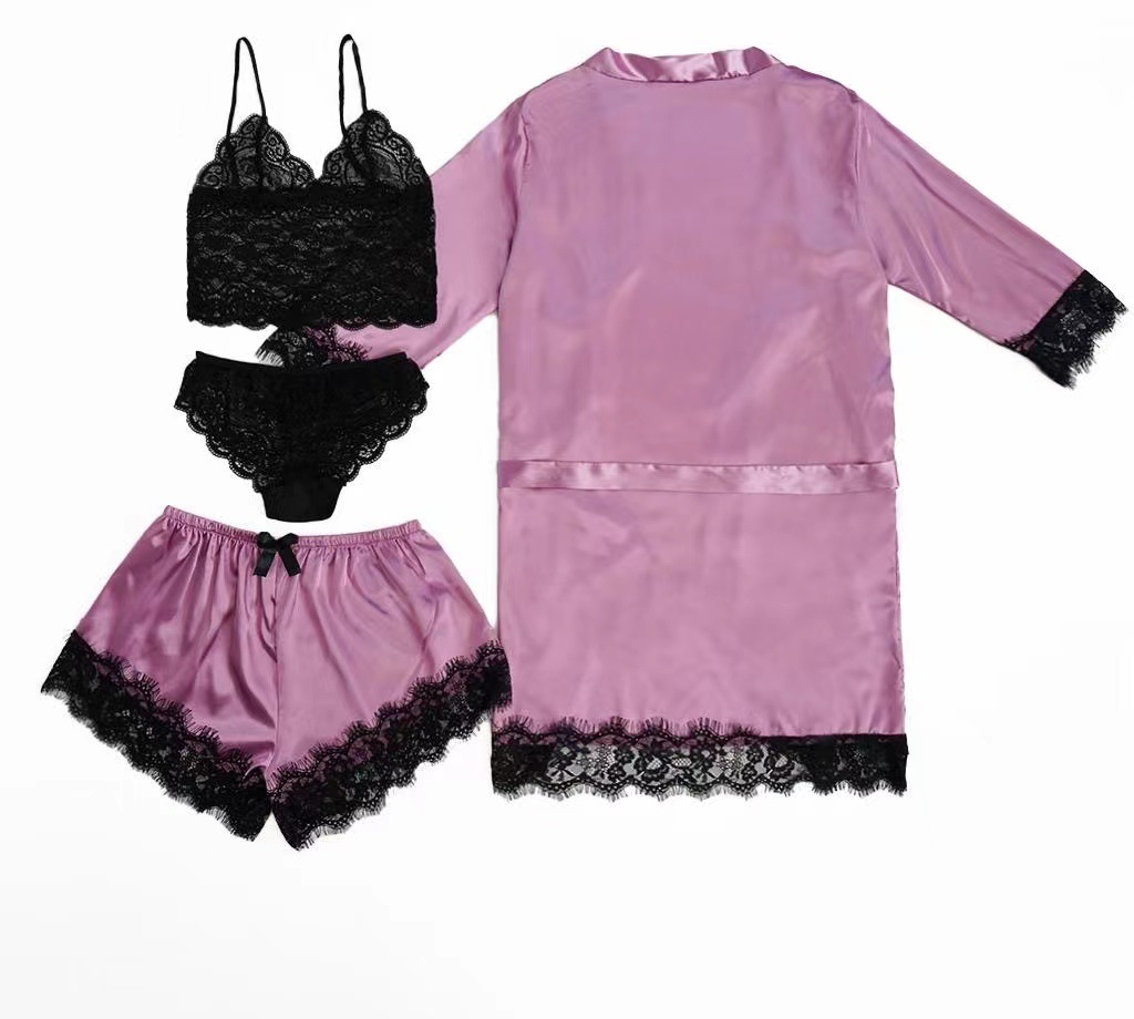 GraceChic GraceChic Nuovo pigiama estivo da donna in raso e pizzo, stile europeo americano, 4 pezzi, con vestaglia e camicia da notte all'ingrosso_voghion.com