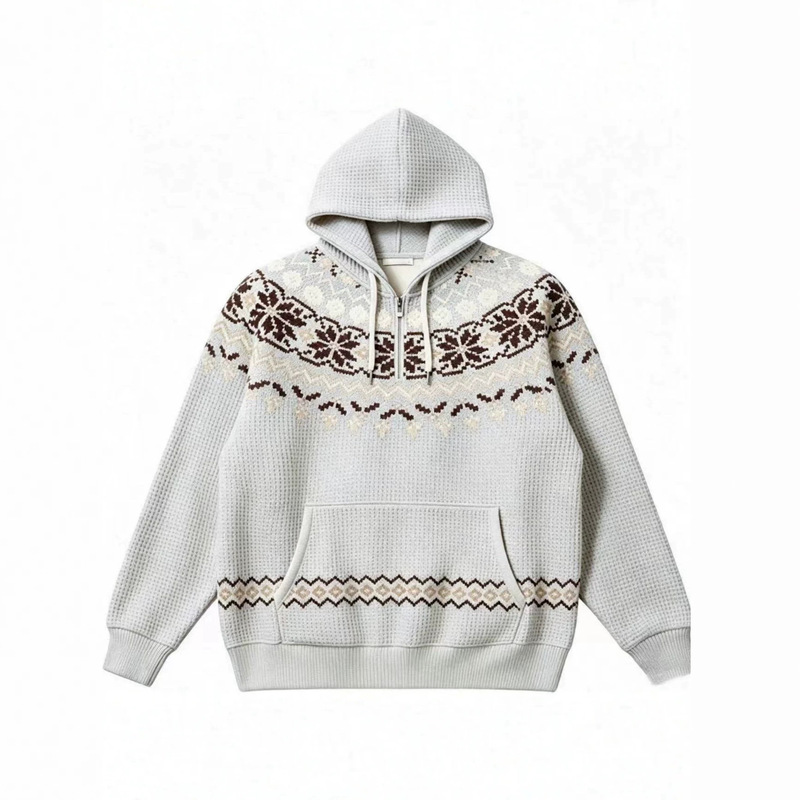 2026 European and American cross-border new waffle knit autumn and winter casual sports trendy versatile men's half-zip hooded sweatshirt