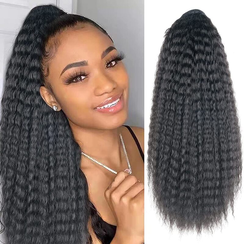 Foreign trade wig women's long hair drawstring curly ponytail black artificial hair synthetic wig braid spot wholesale Foreign trade wig women's long hair drawstring curly ponytail black artificial hair synthetic wig braid spot wholesale