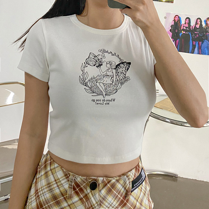 round neck tight short sleeve printing crop T-shirt NSTNV130165