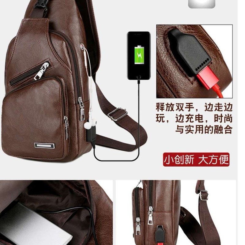 卸売 USB メンズチェストバッグポータブル充電レジャー斜めクロスバッグアウトドアスポーツ PU チェストバッグワンピースデリバリー|undefined