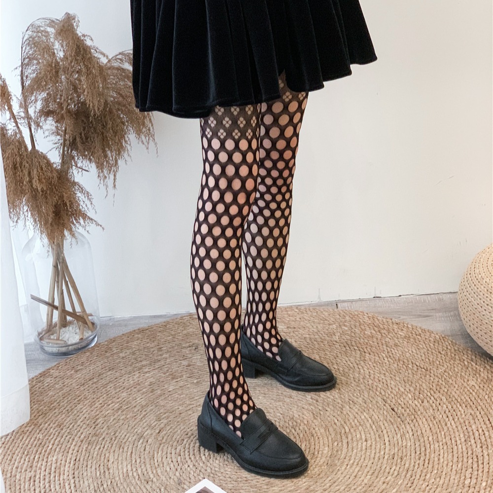 Instagram popular dark personality trendy spring and summer thin styles, perforated jacquard mesh socks, black stockings_voghion.com