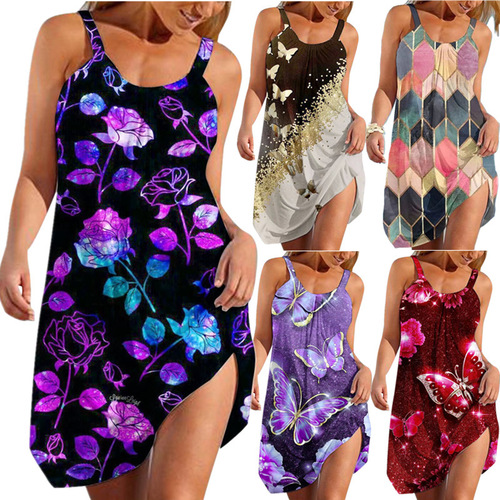 Summer European and American Independent Website: Women's Beach Sundress with Straps and Printed Design