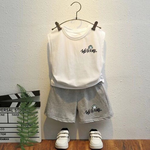 Children's summer clothing set, two-piece child undershirt, sleeveless T-shirt, pure cotton, loose, for little boys in summer.