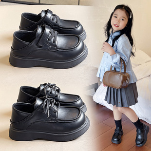 Children's Leather Shoes Black 2025 Spring & Fall New Style Girls British Style Versatile Performance Shoes Boys Casual Lace-Up Shoes