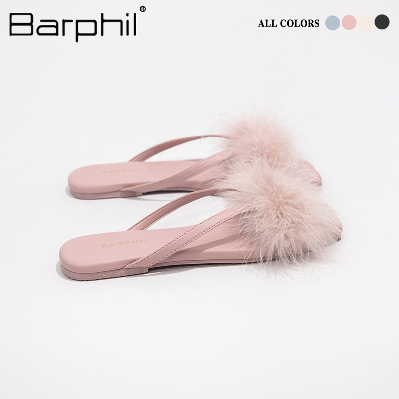 Pu Fur Slippers for Summer Outdoor Wear, Women's Flat Sandals, Fairy Style Feather Sandals, Non-Slip Soft Soles