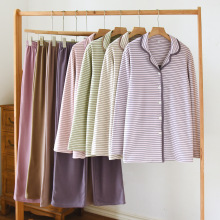 德绒睡衣女春秋长袖长裤条纹套装AB版日系冬加厚保暖家居服可外穿