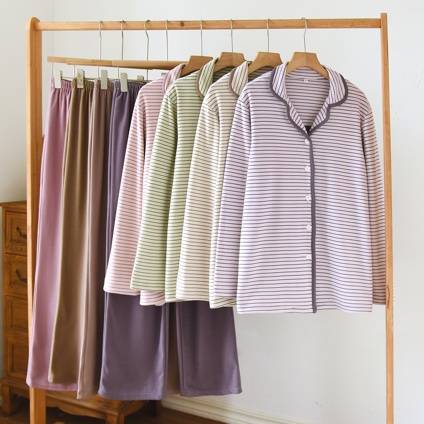 德绒睡衣女春秋长袖长裤条纹套装AB版日系冬加厚保暖家居服可外穿