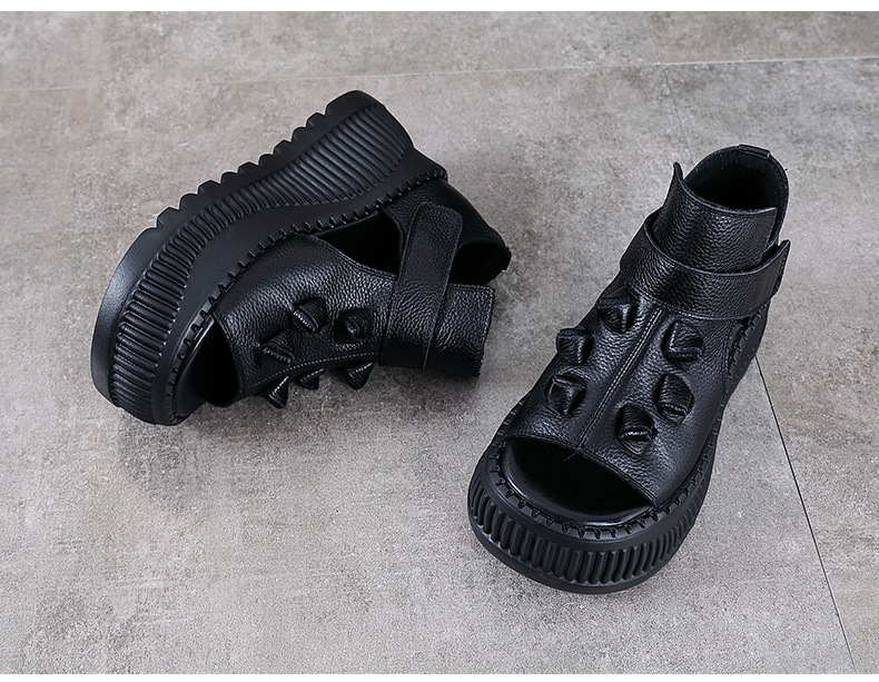 Sandal cao gót nữ hở mũi đế dày da bò thật phong cách La Mã — nâu chi tiết 11