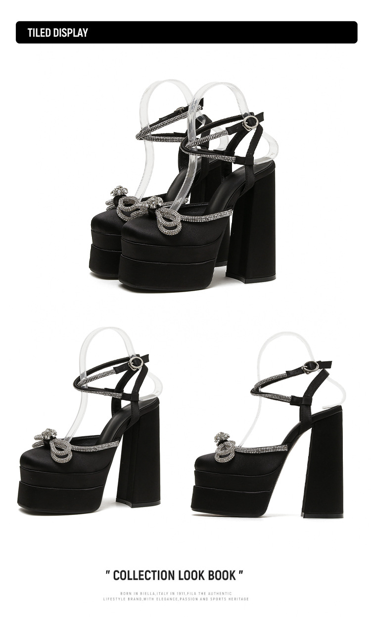 Giày sandal cao gót nữ đính đá dây đeo mắt cá chân, đế chống thấm nước, gót 9 cm — Màu đen chi tiết 10
