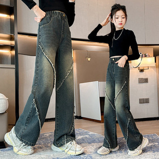 Girls' Jeans Spring and Autumn 2025 New Children's Pants Large Children's Western Style Girl's Loose Straight Pants Wholesale Trendy