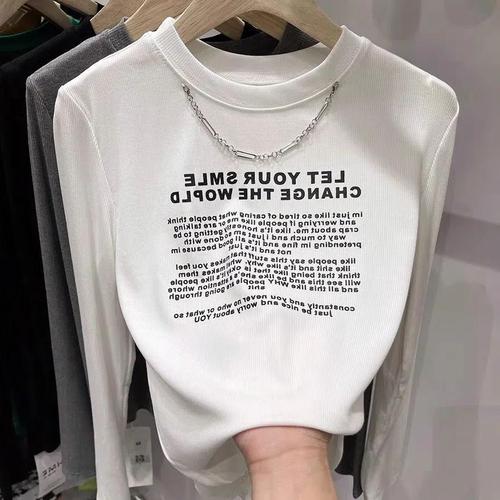 Pure Color Ribbed Knit Print Letter T-Shirt Women's Top Spring Chain Long Sleeve Base Shirt Trend