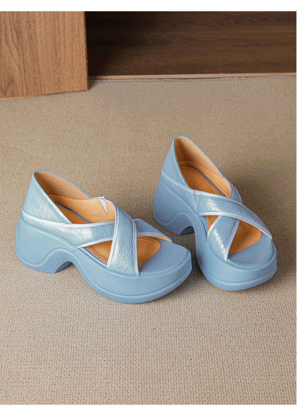 Sandal nữ đế xuồng cao gót 6cm mũi hở phong cách La Mã da thật — màu đen, màu xanh hồ chi tiết 15