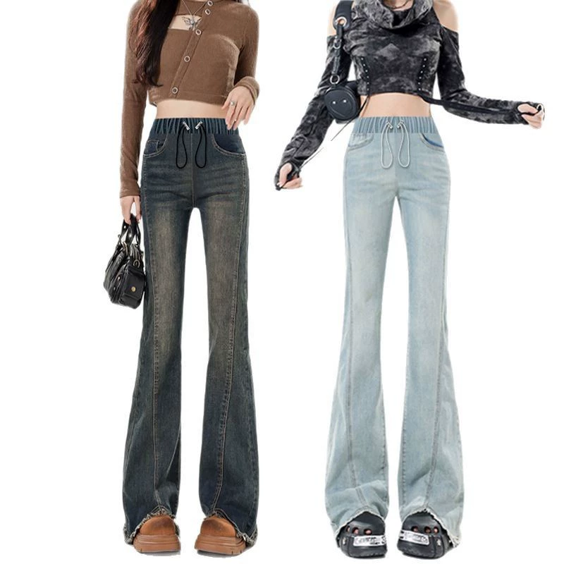Elastic flared trousers, jeans with belly support, new collection, drawstring