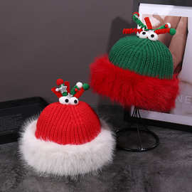 韩版兔毛红色毛绒帽圣诞秋冬搞怪眼睛套头帽时尚保暖护耳针织帽