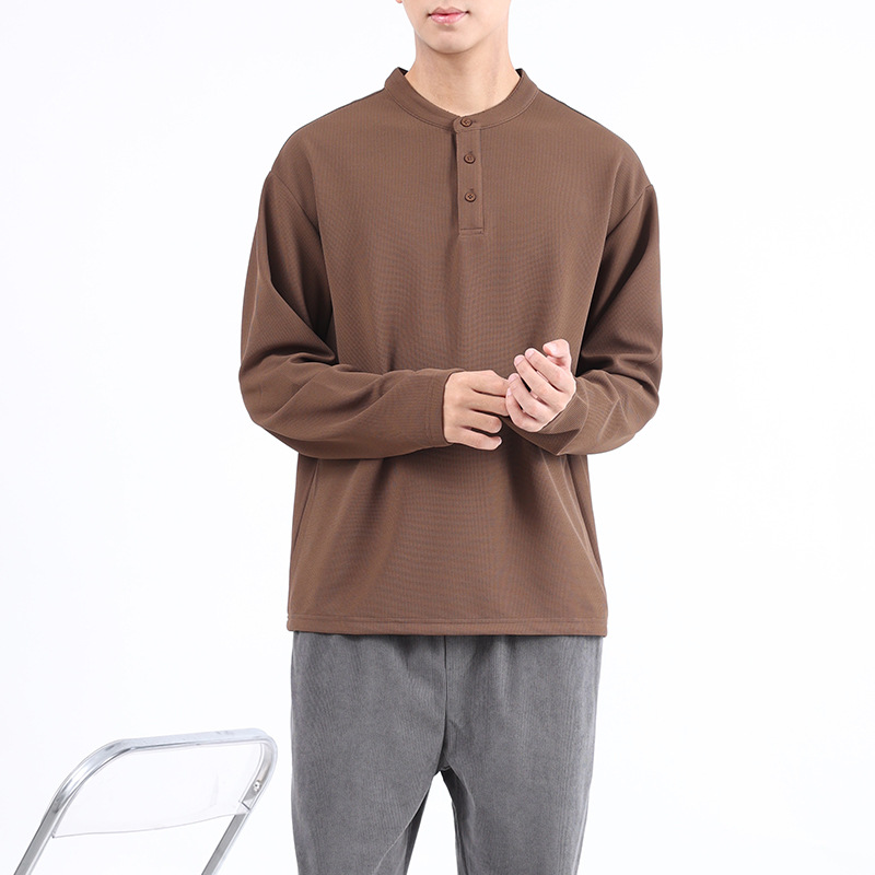 Camiseta de manga larga con cuello woffge Henry para hombre, marca de moda, medio botón suelto, camisa de fondo casual de alta gama de otoño para hombre