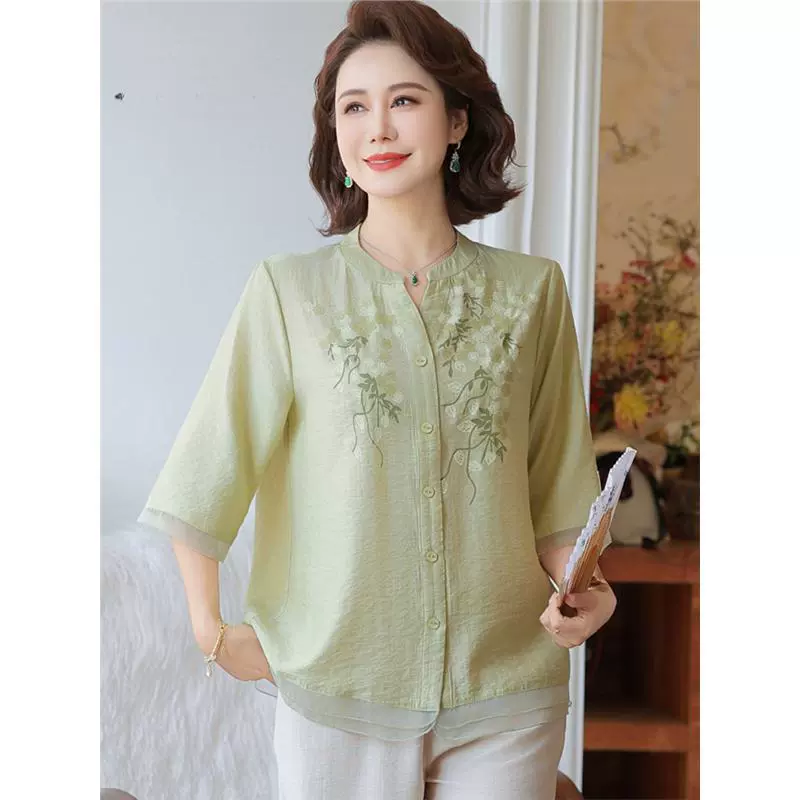 Мама летний костюм 2025 новая широкая леди рубашка средняя и пожилая женщина весенняя и летняя рубашка с рукавами