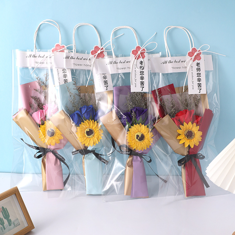 Regalos del día del maestro, flores de girasol, flores de jabón, regalos de vacaciones para maestros y maestros con tarjetas de felicitación al por mayor